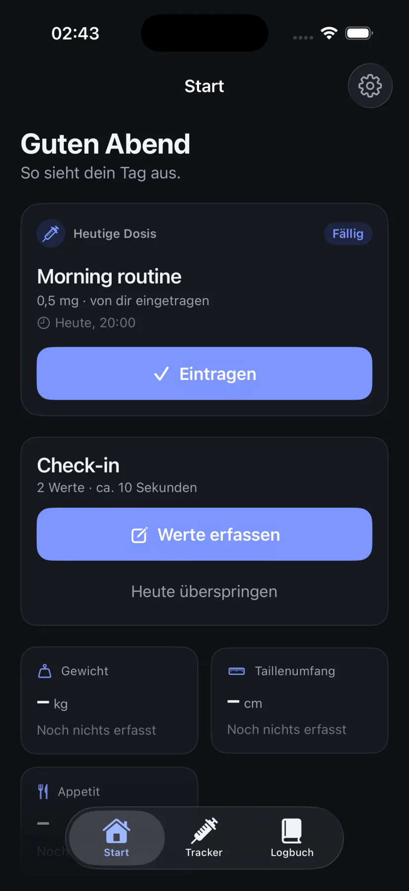 Peptiary Startansicht mit heutiger Routine