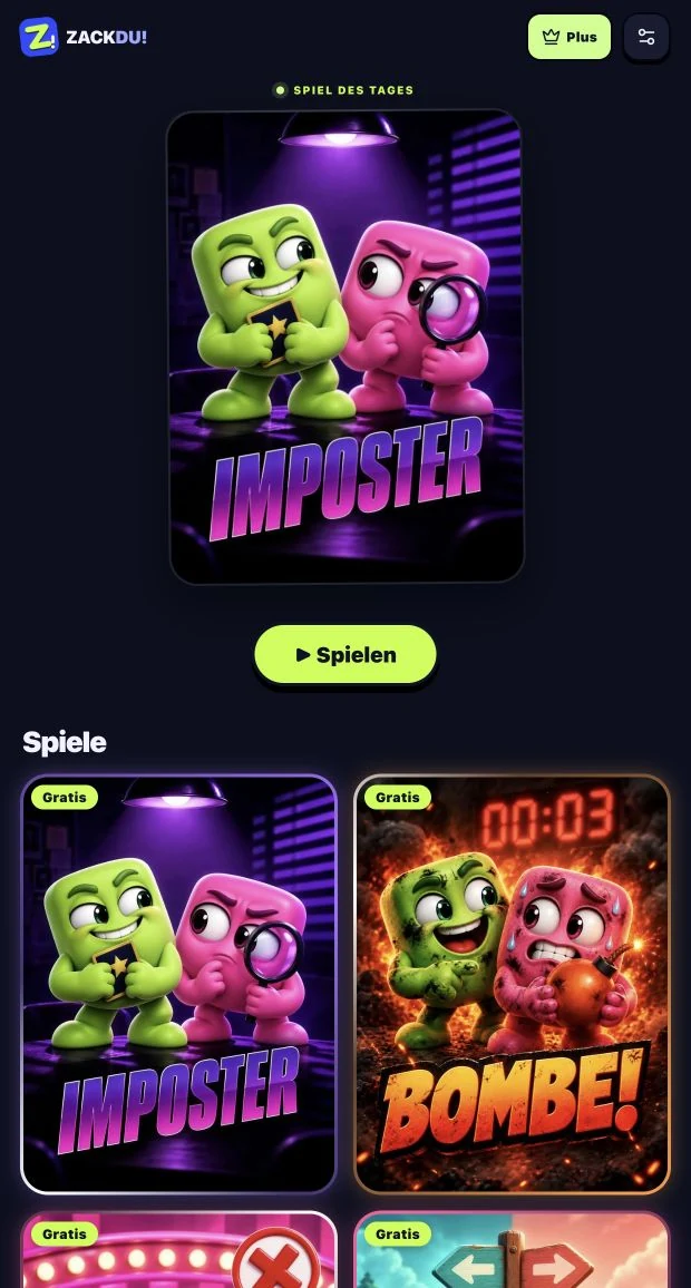 ZACKDU! im aktuellen Nacht-Design mit Imposter, BOMBE! und weiteren Partyspielen